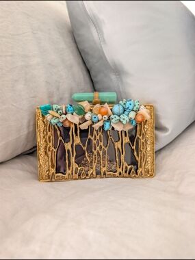 RAMLA Handmade Gemstone Gold Branch Clutch Crossbody Bag Evening Minaudiere